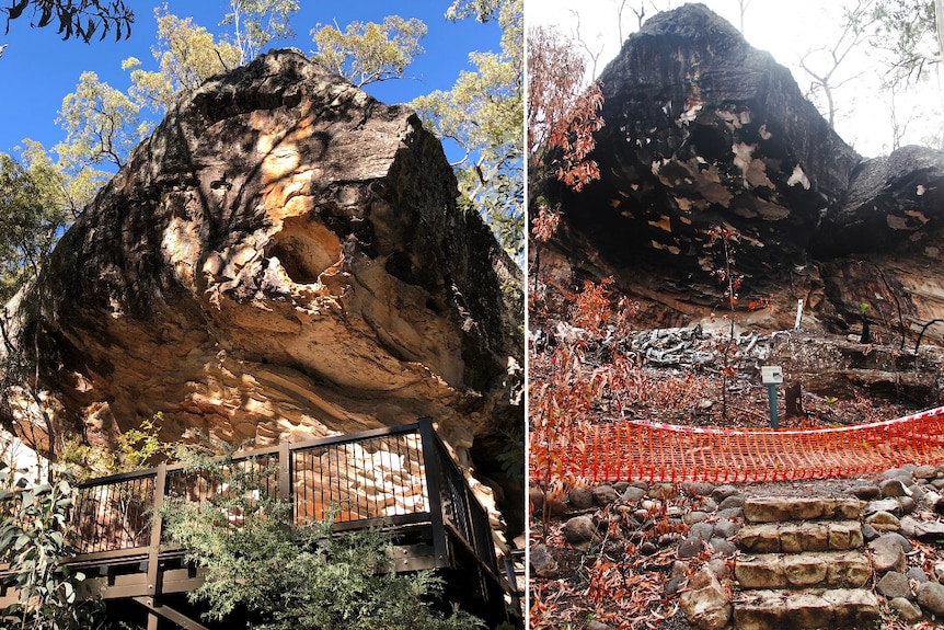 A large rock in a national park before fire, and on the right is the same rock after a fire with burnt out foliage and rock.