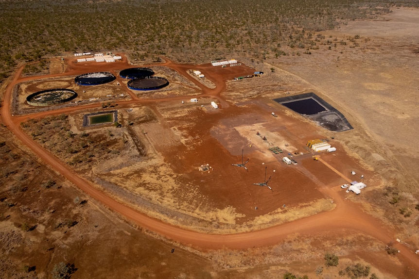An aerial view of a fracking exploration site in the Beetaloo Basin. 