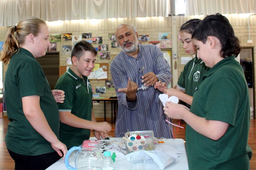 Toymaker Arvind Gupta in a workshop for students at Charnwood-Dunlop School, ACT.