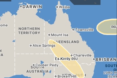 A map from BOM showing both ex-cyclone Kirrily and the new low off the coast of Queensland.