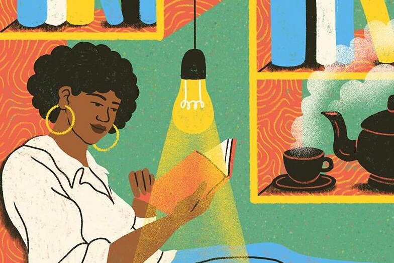 A woman reading on a large shelf, surrounded by other shelves of books, a globe, and a steaming teapot