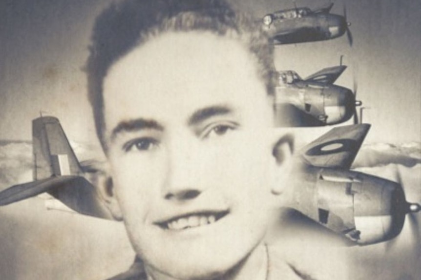 Black and white image of a man in front of war planes