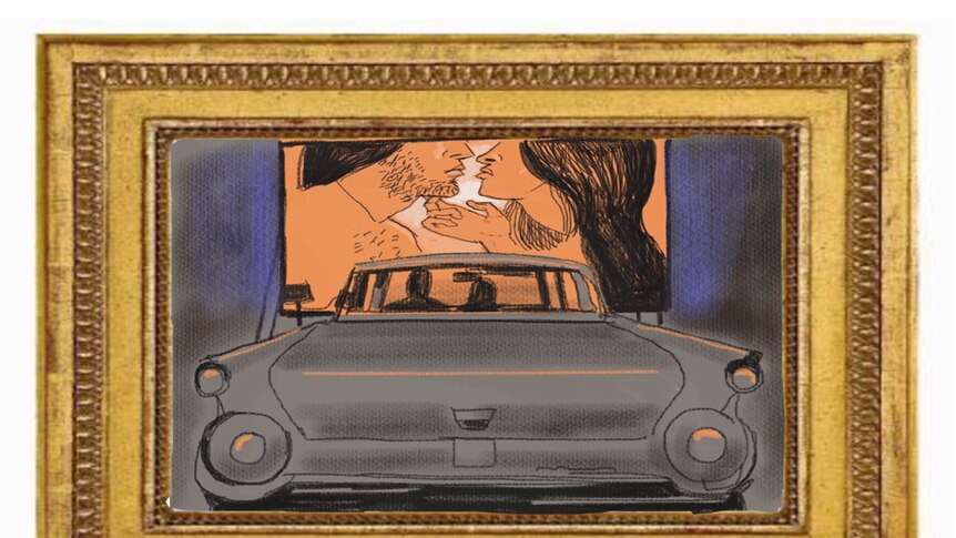 An illustration shows a couple in a car at a drive-in cinema.