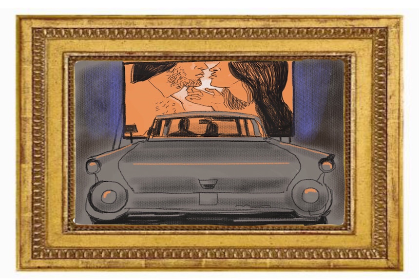 An illustration shows a couple in a car at a drive-in cinema.