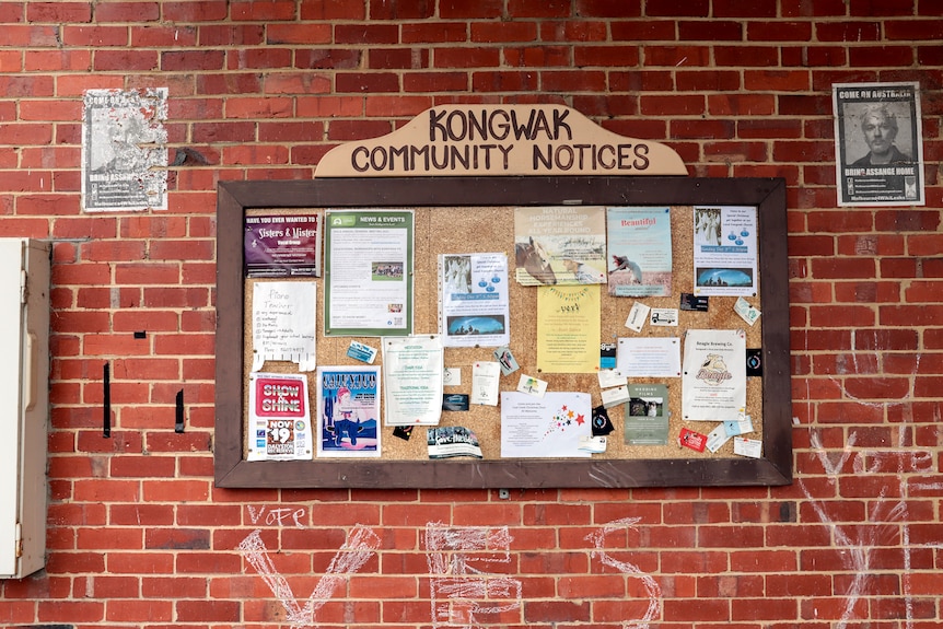 A brick wall with a wooden pin board with flyers affixed. The board reads Kongwak community notices