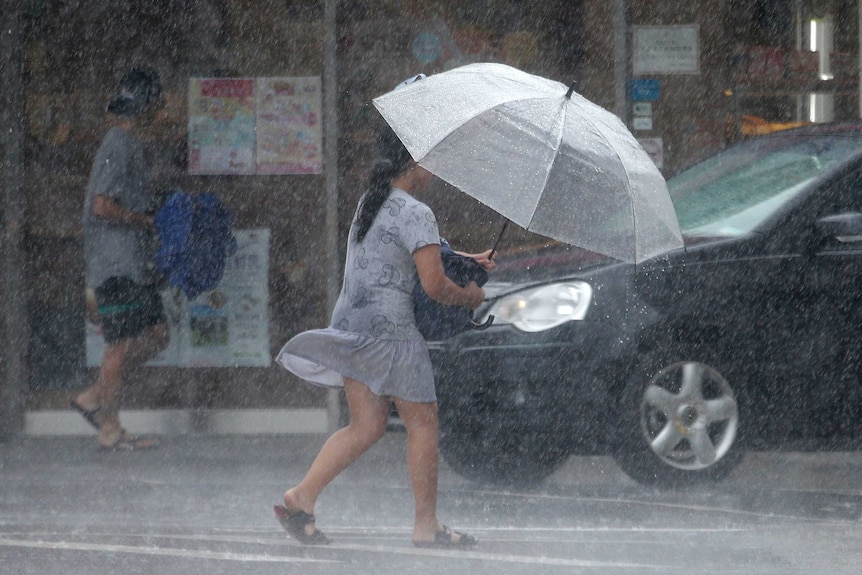 A woman with an umbrella  braces against wild winds and rain in Taipei as she crosses a road.