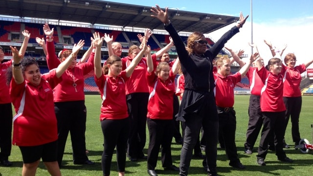 Marcia Hines in rehearsal with the Waltz-Sing Matildas before the Special Olympics opening ceremony on December 1.