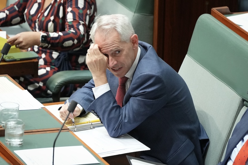 Andrew Giles rests his head in his hand during Question Time