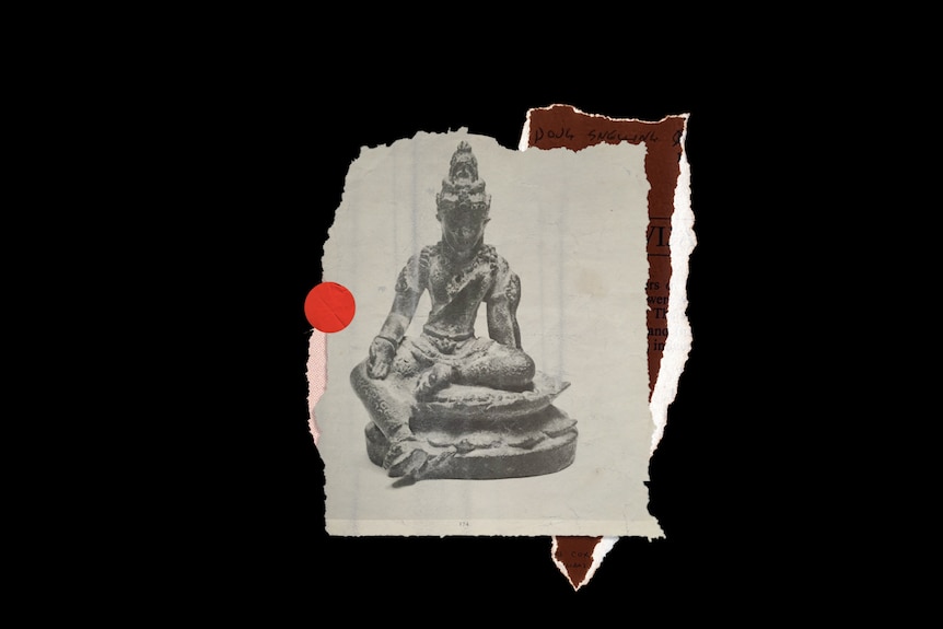 A ripped piece of paper with red dot sticker shows a seated sculpture of a buddhist deity Bodhisattva Avalokiteshvara