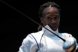 France's Laura Flessel-Colovic reacts after being defeated.