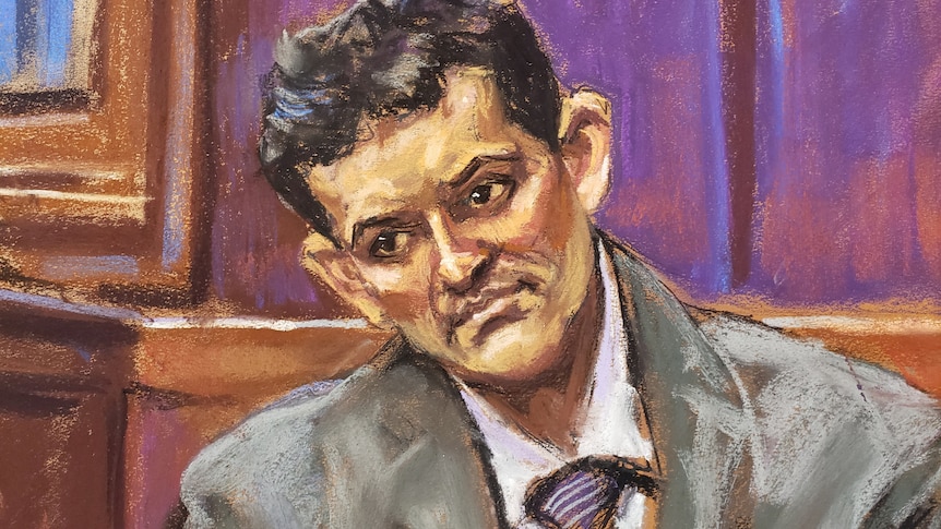 An illustration of Sam Bankman-Fried on trial