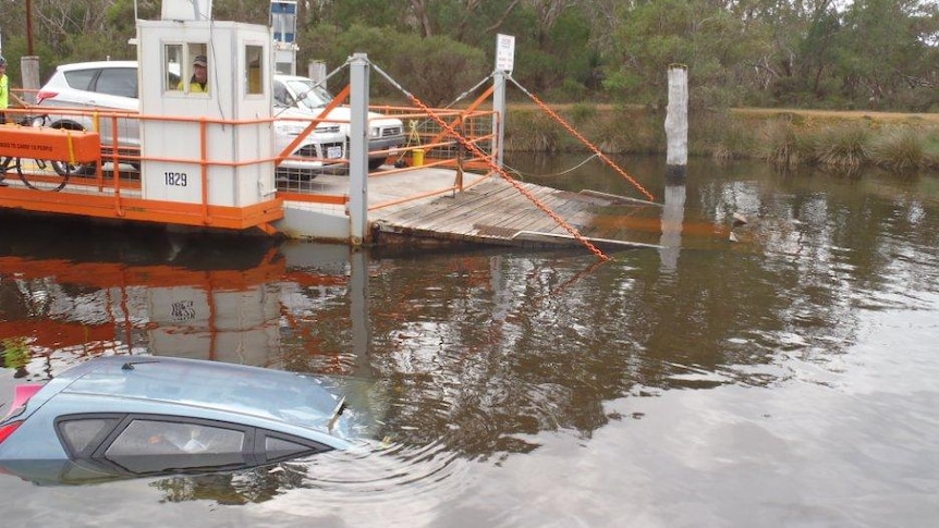 Car plucked from water after driving off a ferry.