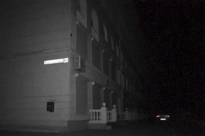 A building without any lights on is seen in Crimea.