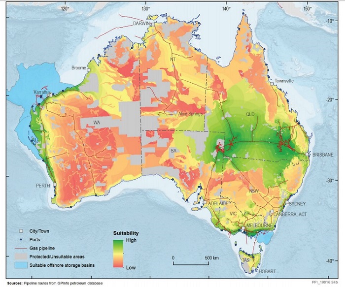 A map showing suitable locations for hydrogen production using fossil fuels