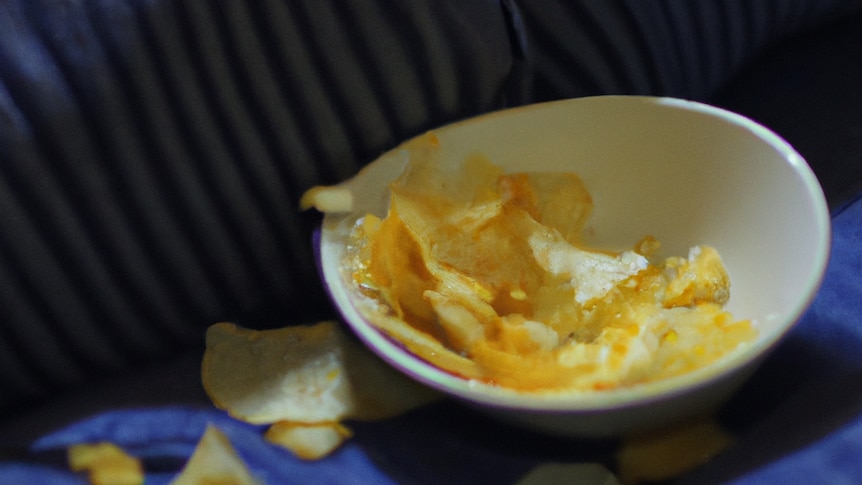 A bowl of chips with crumbs on the couch