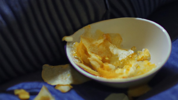A bowl of chips with crumbs on the couch