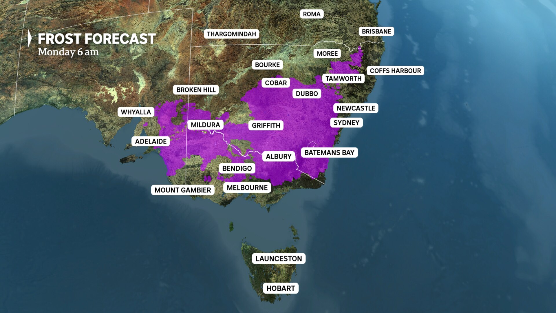 a weather map of eastern australia shows widespread frost over the south-east inland