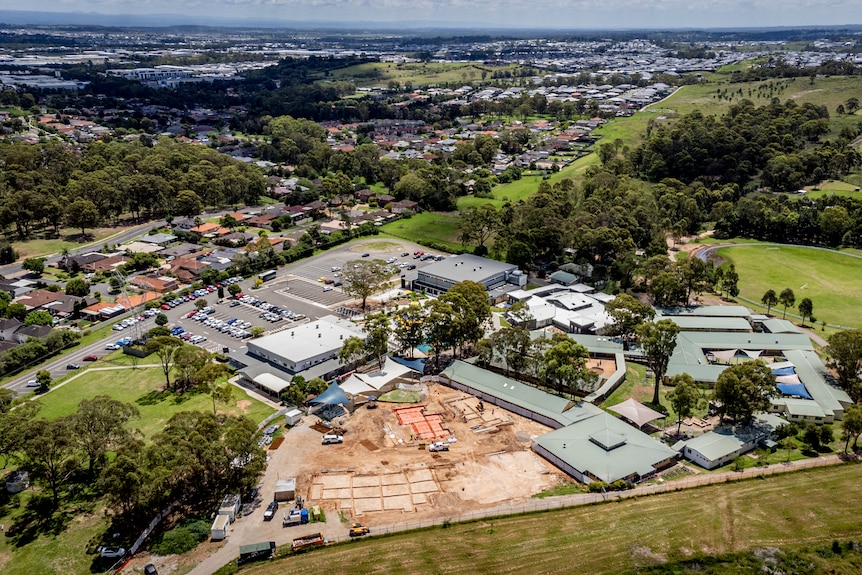 An aerial view of construction at Mount Annan school.