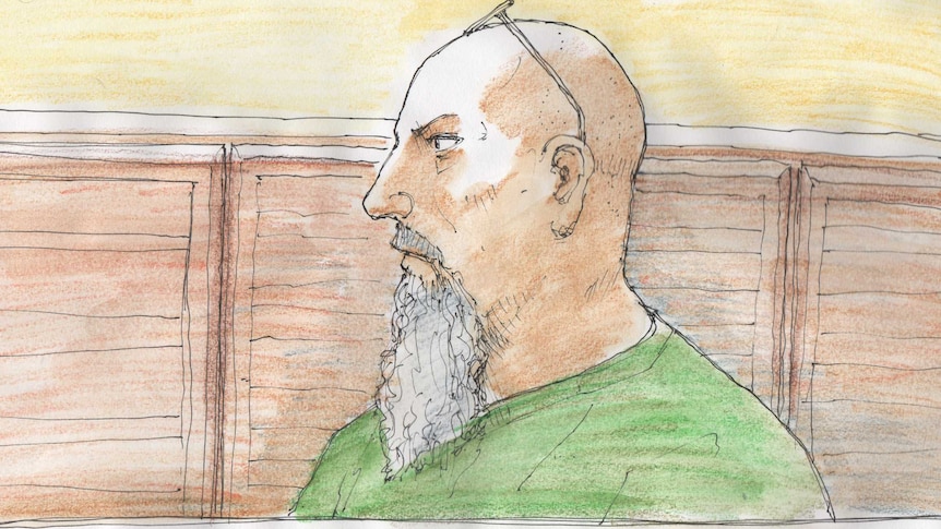 A court sketch of Robert Joe Wagner depicts him with a long beard and bald head.
