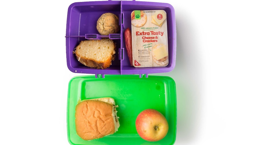 A vegemite roll, homemade cake, an apple, tasty cheese with crackers and kabana in a lunch box.