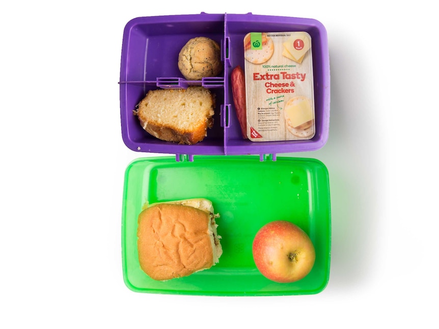 A vegemite roll, homemade cake, an apple, tasty cheese with crackers and kabana in a lunch box.