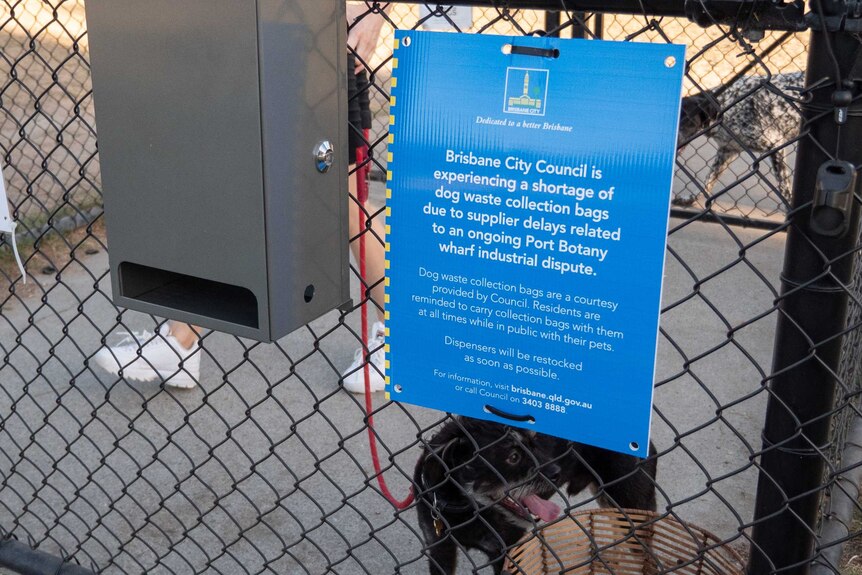 A blue council sign on a dog park fence beside an empty dog waste collection bag dispenser.
