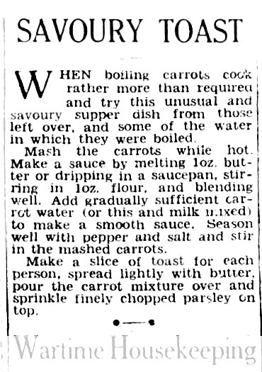 A newspaper ad details a recipe for carrot-based savoury toast
