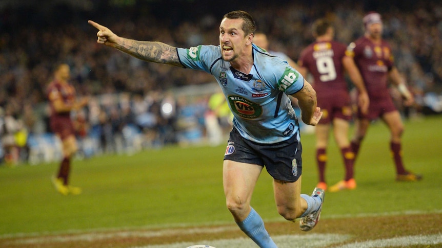 Mitchell Pearce celebrates try for NSW