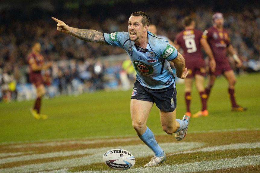 Mitchell Pearce celebrates try for NSW