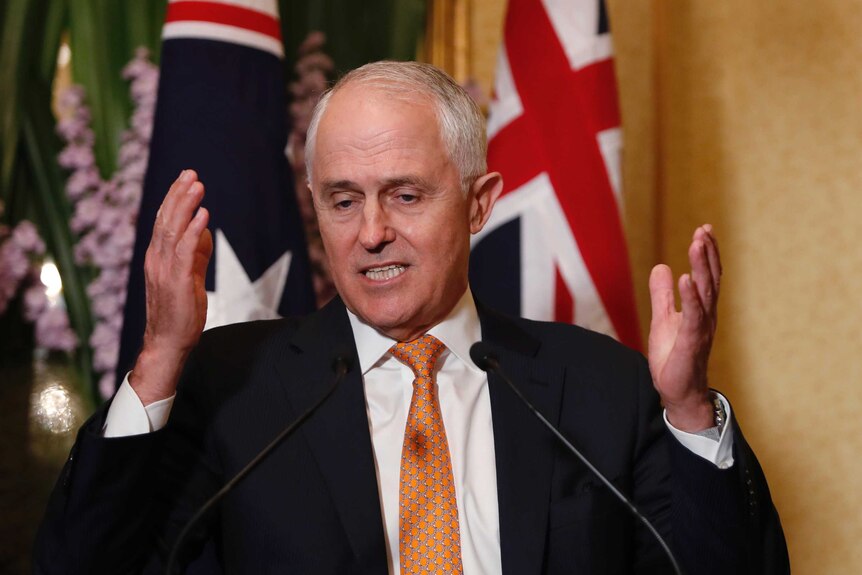 Prime Minister Malcolm Turnbull speaks with microphones in front of him, hands gesturing beside his face
