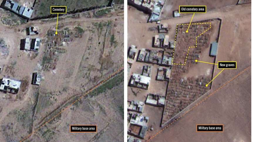 Photos from 2010 and 2016 at Najha, south of Damascus, show the growing number of graves at a cemetery.