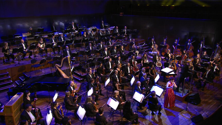 image of orchestra players arranged in formation