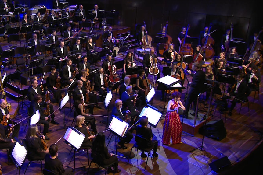 An aerial view of orchestra musicians in a circular seating orientation during a concert