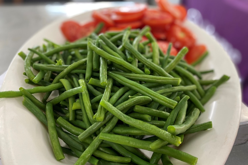 A plate of green beans and red tomatoes