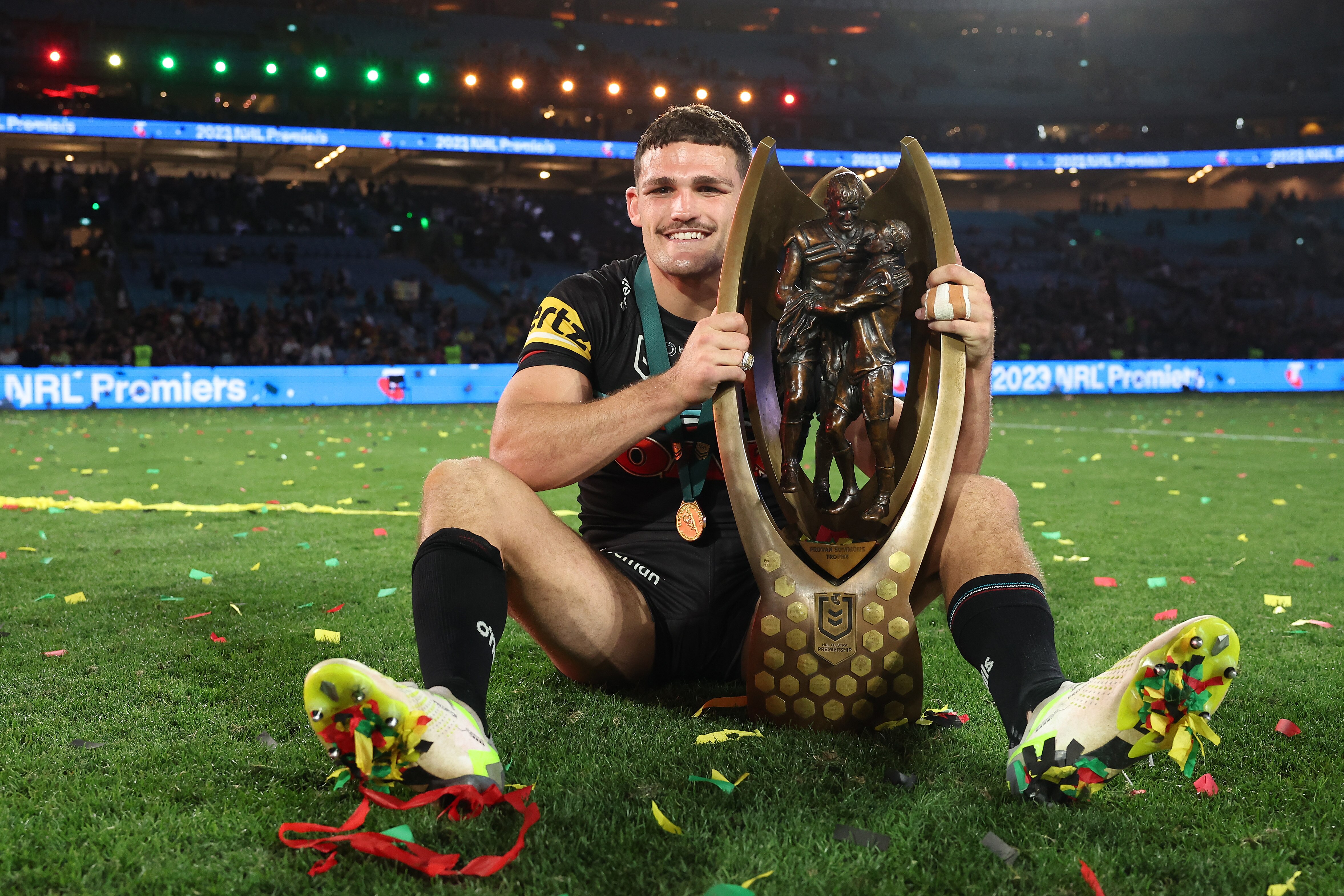 Nathan Cleary pictured with the NRL premiership trophy.