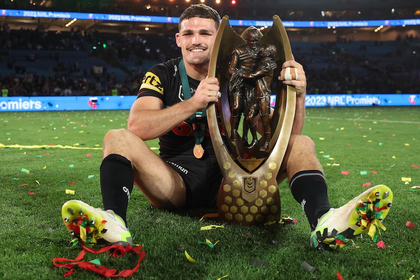 Nathan Cleary pictured with the NRL premiership trophy.