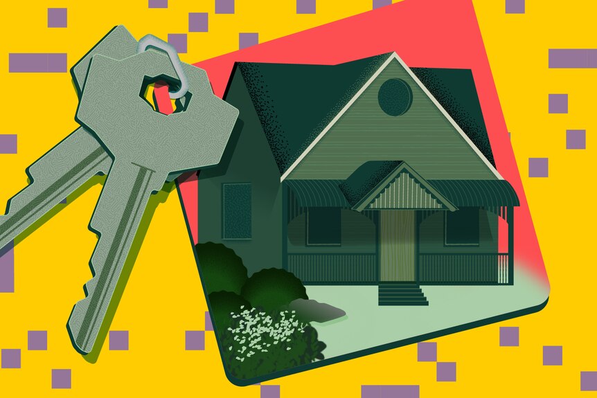 A graphic shows a drawing of a house, next to a set of keys, against a yellow background.