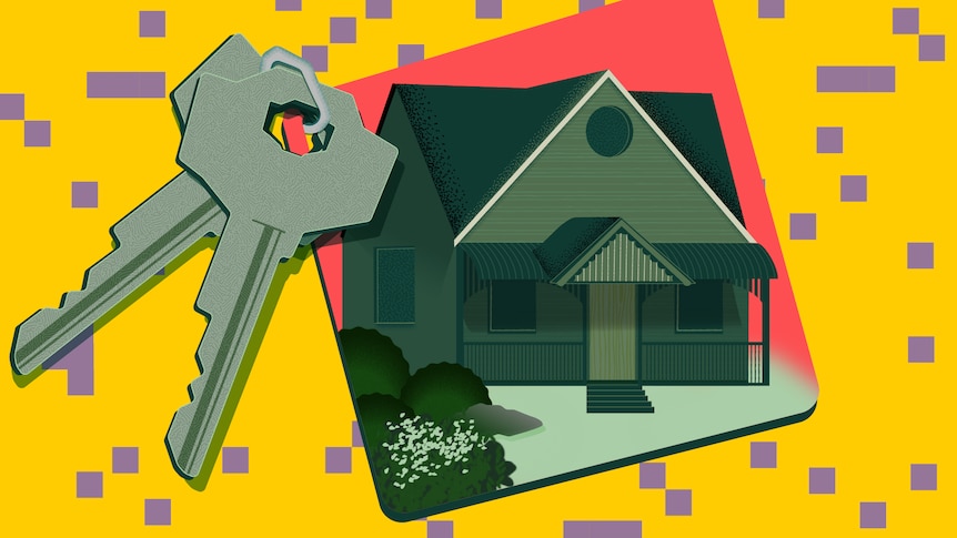 A graphic shows a drawing of a house, next to a set of keys, against a yellow background.
