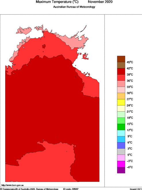 A graph showing the maximum temperature in the NT in November, 2020. There is a lot of red.
