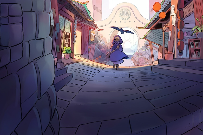 A young girl wearing purple cloak walks through Asian influence market laneway, a black crow hovers above her.