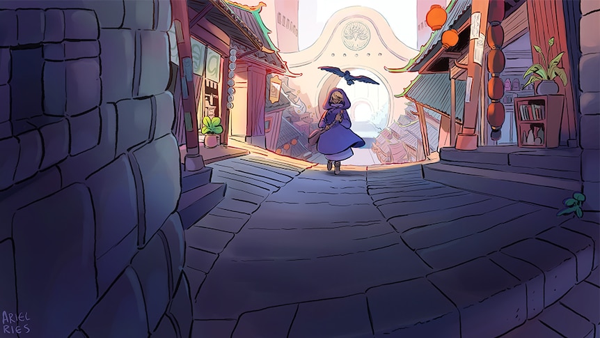 A young girl wearing purple cloak walks through Asian influence market laneway, a black crow hovers above her.