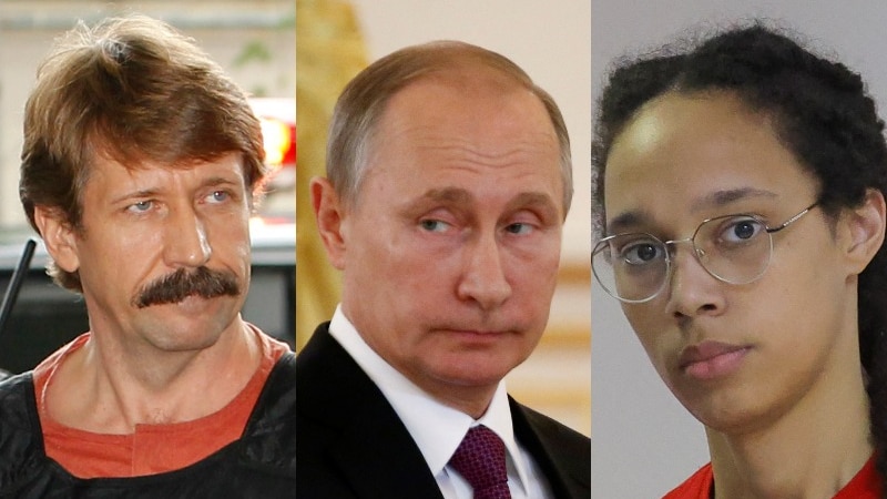 A composite image of Viktor Bout, Vladimir Putin and Brittney Griner