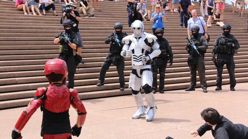 Iron Boy takes on Ultron at the Sydney Opera House.