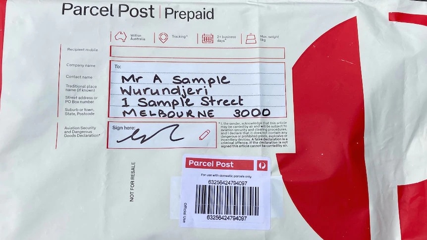 Close up of an Australia post parcel