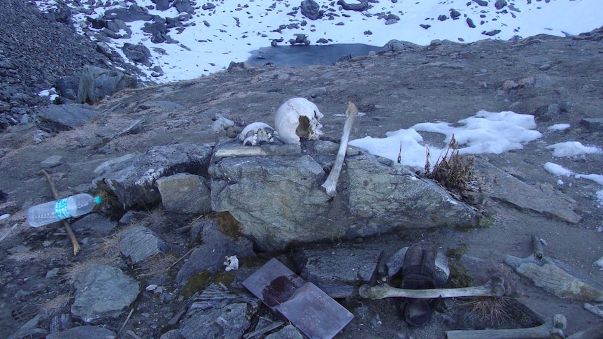 A skull and bones litter the floor near Roopkund Lake
