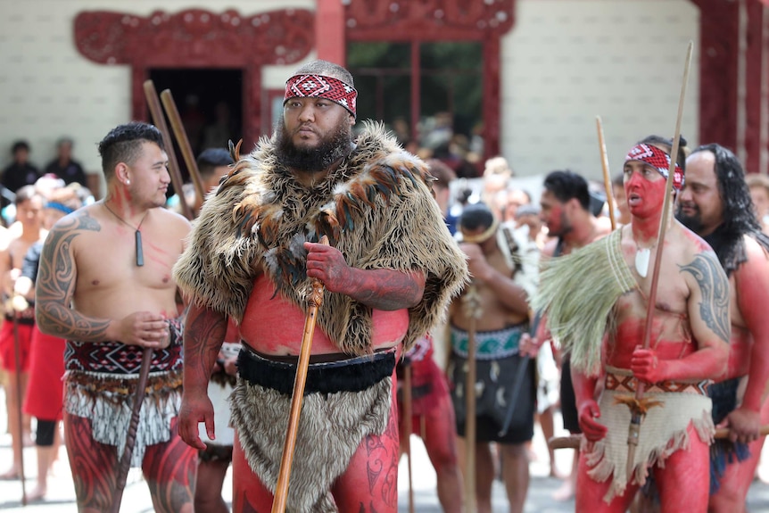 A beared Maori man in traditional dress and painted red stares left of the camera