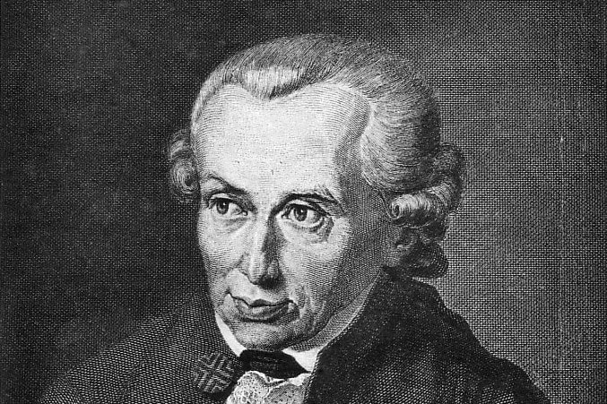 A black and white illustration of Immanuel Kant, who is depicted with white curled hair