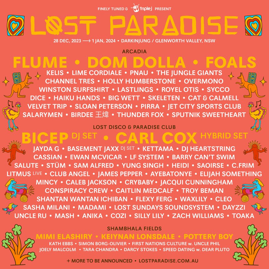 Coral coloured festival poster for Lost Paradise with orange and yellow text and cartoon around the border