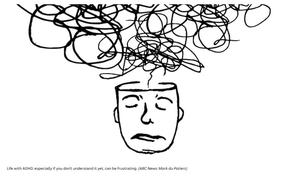 Uma ilustração da cabeça de uma pessoa com linhas pretas onduladas saindo do topo.