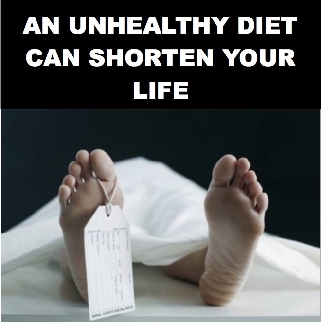 A name tag on the toe of a body in a morgue, with the text 'an unhealthy diet can shorten your life'.